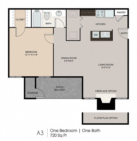 Floor plan for 1 bed, 1 bath, 720 sqft